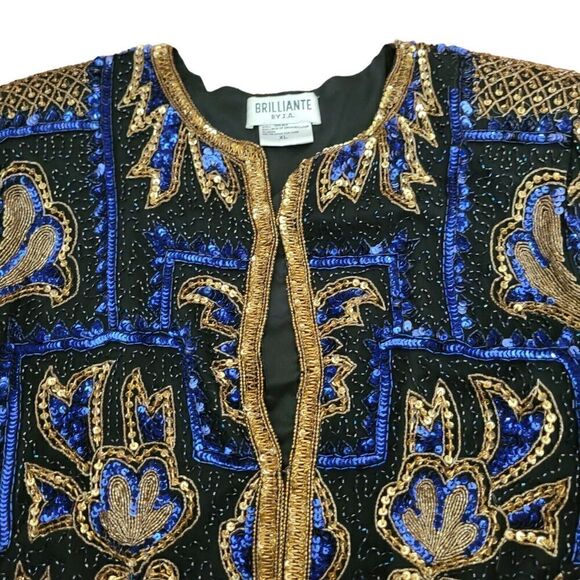 Vintage Silk Beaded Sequin Brilliante Blazer Dinner Jacket by JA Blue Black - Picture 9 of 11